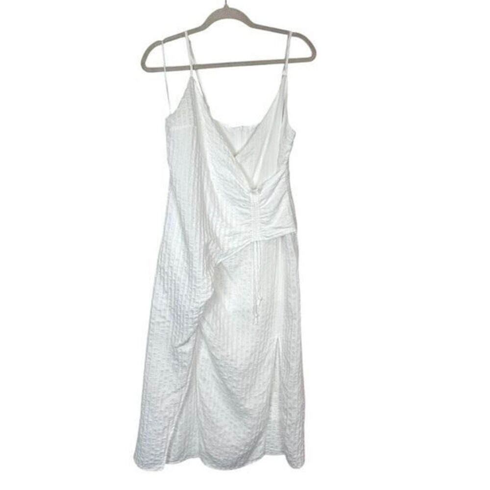 Suboo Midi Dress Cinched Medium White Ruched Sleeveless Crinkle High Slits Long